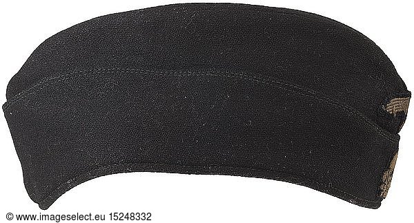 A garrison cap for enlisted men of the Panzertruppe. Black felt material with BeVo weave  original stitched-on insignia  the inside with a black silk liner and faded size stamping '57'. A very rare head cover for the SS Panzertruppe. historic  historical  20th century  1930s  1940s  Waffen-SS  armed division of the SS  armed service  armed services  NS  National Socialism  Nazism  Third Reich  German Reich  Germany  military  militaria  utensil  piece of equipment  utensils  object  objects  stills  clipping  clippings  cut out  cut-out  cut-outs  fascism  fascistic  National Socialist  Nazi  Nazi period