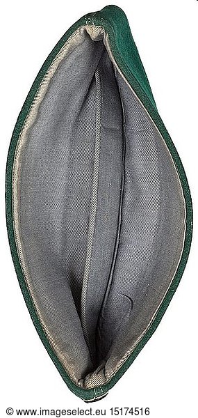 A garrison cap for members of the Luftwaffe forestry service Dark green woollen cloth  grey inner liner  machine embroidered Luftwaffe eagle and cockade on a dark green ground. In used condition. historic  historical  Air Force  branch of service  branches of service  armed service  armed services  military  militaria  air forces  object  objects  stills  clipping  clippings  cut out  cut-out  cut-outs  20th century