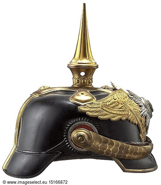 A general's helmet from the possession of Otto von Lauenstein Leather bodyl with fire gilt fittings  cruciform base with star-shaped screws (one is missing) and tall  elegant spike  the helmet eagle with applied silver star of the High Order of the Black Eagle. Gilt chinscales  cockades  silk rep lining. Also three photos of Lauenstein. Untouched helmet directly from the family of the original owner. historic  historical  Prussian  Prussia  German  Germany  militaria  military  object  objects  stills  clipping  clippings  cut out  cut-out  cut-outs  20th century