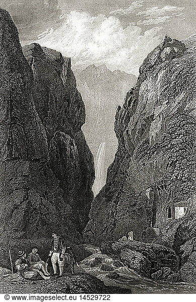A4  Geo hist.  Griechenland  StÃ¤dte  Delphi  Tal des Pleistos  Stahlstich  Meyers Konversationslexikon  um 1850