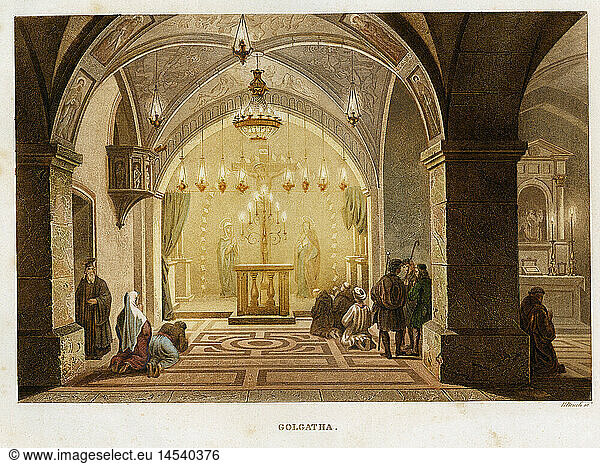 A4  Geo hist  PalÃ¤stina  StÃ¤dte  Jerusalem  Grabeskirche von Golgatha  Innenansicht  Lithographie  1860