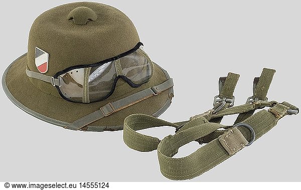 A German Army tropical helmet.  Felt body  complete with chinstrap and two metallic insignia  the leather liner is a bit worn. We add a pair of motorcycle protection glasses and a 'Y' Ersatz strap of beige canvas.  historic  historical  1930s  1930s  20th century  Wehrmacht  armed forces  army  NS  National Socialism  Nazism  Third Reich  German Reich  Germany  object  objects  stills  clipping  clippings  cut out  cut-out  cut-outs  utensil  piece of equipment  utensils
