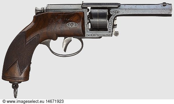 A German needle fire revolver  F. von Dreyse  SÃ¶mmerda  circa 1860. Cal..35'. Serial number 5104. Octagonal rifled and slightly swamped barrel with bright bore. Manufacturer's data on frame bridge  frame with modest engraving and calibre size on right hand side. Needle missing  ignition mechanism faulty  bluing worn and dented in places. Grip frame with fine chequering and lanyard loop  pressure crack on the left. Length 37 cm  historic  historical  19th century  civil handgun  civil handguns  handheld  gun  guns  firearm  fire arm  firearms  fire arms  weapons  arms  weapon  arm  object  objects  stills  clipping  clippings  cut out  cut-out  cut-outs