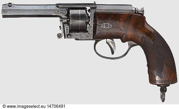 A German needle fire revolver  F. von Dreyse  SÃ¶mmerda  circa 1860. Cal..35'. Serial number 5104. Octagonal rifled and slightly swamped barrel with bright bore. Manufacturer's data on frame bridge  frame with modest engraving and calibre size on right hand side. Needle missing  ignition mechanism faulty  bluing worn and dented in places. Grip frame with fine chequering and lanyard loop  pressure crack on the left. Length 37 cm  historic  historical  19th century  civil handgun  civil handguns  handheld  gun  guns  firearm  fire arm  firearms  fire arms  weapons  arms  weapon  arm  object  objects  stills  clipping  clippings  cut out  cut-out  cut-outs