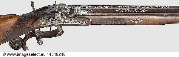 A German percussion rifle  Michael Johann Baader in Neumarkt  circa 1850. Octagonal barrel in 13 mm calibre  finely engraved sights as well as rich silver inlays on top  gold-inlaid signature. Patent breechblock  the tang engraved with tendrils and fitted with folding aperture rear sight. Cut and engraved percussion lock  also with gold inlays and signature. Adjustable double set trigger. Lavishly carved walnut full stock with en suite engraved iron ickel silver furniture. Wooden ramrod. The barrel slightly patinated  the stock with traces of use  wooden trigger guard with old repair of a crack. Length 112 cm. Cf. Heer  Der neue StÃ¶ckel  vol. 1  p. 43  historic  historical  19th century  civil long guns  gun  weapons  arms  weapon  arm  firearm  fire arm  gun  fire arms  firearms  guns  object  objects  stills  clipping  clippings  cut out  cut-out  cut-outs