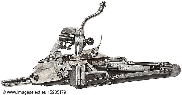 A German self-cocking wheellock  end of the 16th century. Lockplate finely engraved with stag hunting scene between blossoms and tendrils  external wheel decorated en suite. Cut hammer and hammer spring. Some screws and parts of the mechanism replaced. Length of lockplate 22.7 cm. historic  historical  powder flask  accessory  accessories  military  militaria  object  objects  stills  utilities  utility  clipping  clippings  cut out  cut-out  cut-outs  utensil  piece of equipment  utensils