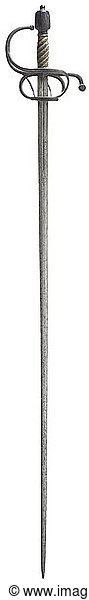 A German small-sword circa 1600. Double-edged blade of flattened hexagonal section  with short fullers. Blackened swept hilt  the grip with added brass wire binding and TurkÂ´s heads  a later(?) blackened  faceted pommel with top nut. Length 124 cm. historic  historical  sword  swords  weapons  arms  weapon  arm  fighting device  military  militaria  object  objects  stills  clipping  clippings  cut out  cut-out  cut-outs  melee weapon  melee weapons  metal  17th century