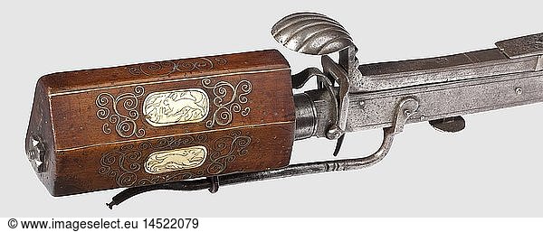 A German stonebow  circa 1600 Curved  wedged steel prod with braided hemp string. Iron tiller  the underside engraved with tendrils and with integrated gaffle. Ornamentally engraved folding sights. The gaffle with struck 'EichhÃ¶rnchen' (squirrel) mark. Trigger with setting button and iron trigger guard. Screwed walnut butt  the edges inlaid with bone  the sides with ornamental brass wire inlays and small hunting-themed engraved bone plates. Length 69 cm  historic  historical  17th century  crossbow  crossbows  distance weapon  weapons  object  objects  clipping  cut out  cut-out  cut-outs