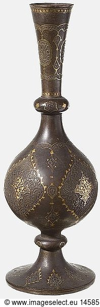 A gold-inlaid Persian vase  19th century Composed of three pieces of hammered iron  cut with floral decoration and gold-inlaid cartouches. The foot with two small drill holes. Can easily be improved by cleaning. Height 33.8 cm. historic  historical  19th century  Persian Empire  object  objects  stills  clipping  clippings  cut out  cut-out  cut-outs  fine arts  art  artful