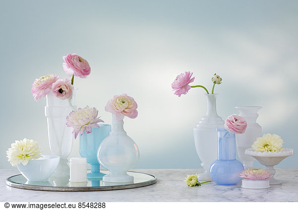 A group of containers  jugs and vases with a variety of pastel coloured delicate flowers. Studio shot.