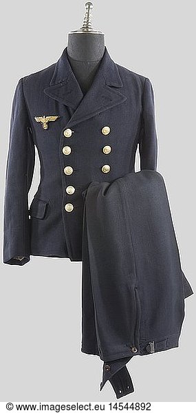 A group of Kriegsmarine sailor equipment  including a blue wool deck-coat with two rows of anchor stamped buttons  embroidered breast eagle  blue artificial silk lining with sailor's name on a white tab 'MÃ–LLER'. Blue straight trousers.  historic  historical  1930s  1930s  20th century  navy  naval forces  military  militaria  branch of service  branches of service  armed forces  armed service  object  objects  stills  clipping  clippings  cut out  cut-out  cut-outs  uniform  uniforms  piece of clothing  clothes  outfit  outfits