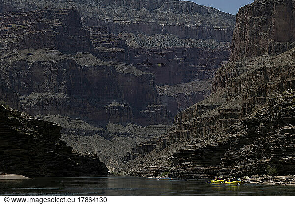 A group of rafts rowing down the Colorado River