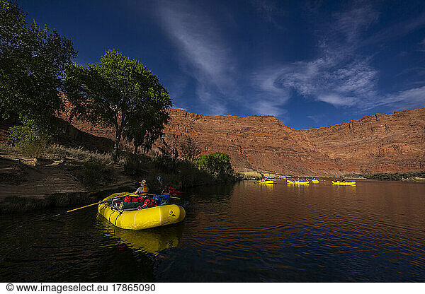 A group of yellow rafts at Lee's Ferry in the Grand Canyon.