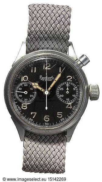 A Hanhart aviator chronograph First version of the aviator chronograph in cal. 40  factory-set still without bezel  one push-button. Nickel-plated brass casing  applied  screwable lid at back  inscribed (tr.) 'waterproof shock resistant' and 'base stainless steel'. Black dial inscribed 'Hanhart 17 jewels'  with luminescent numerals and hands. Manual winding  movement in good functioning order  the stop function also functioning. Watch with signs of age and wear  movement and casing wants cleaning. Cf. Knirim  MilitÃ¤ruhren  p. 361 - 364. The watchband later added. historic  historical  Air Force  branch of service  branches of service  armed service  armed services  military  militaria  air forces  object  objects  stills  clipping  clippings  cut out  cut-out  cut-outs  20th century