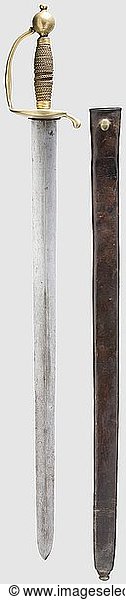 A heavy hewing sword  German  ca. 1720. Ridged  double-edged  somewhat nicked blade with a Pi mark struck on one side. Brass hilt with symmetrical shell guards  knuckle-bow and thumb ring. The grip wound with brass wire  spherical pommel. With corresponding brown leather scabbard with interior brass fittings  broken lower reverse section. Length 102 cm. Possibly the forerunner of the famous cuirassier sword model 1732. Provenance: Alfred Wunderlich Collection  historic  historical  18th century  melee weapon  melee weapons  weapons  arms  weapon  arm  hand weapon  hand weapons  Old Prussia  Prussian  German  Germany  military  militaria  thrusting  thrustings  handheld  object  objects  stills  clipping  clippings  cut out  cut-out  cut-outs