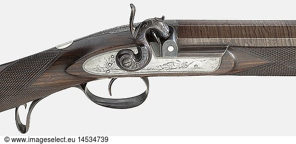 A heavy percussion big game rifle  Birmingham  circa 1830/40. Octagonal barrel of browned Damascus with a three-groove rifled bore in 19.5 mm calibre. Barrel rib on the bottom with two Birmingham proof marks stamped beneath the chamber. Dovetailed express sights. Patent hook breech with a finely engraved tiger head. Finely engraved tang. Platinum bushed snail. The lock plate displays a finely engraved depiction of two tigers. Engraved  blued cock. Double set trigger. Walnut half stock with horn nosepiece. Fine chequering. Blank silver escutcheon. Finely engraved iron furniture with repeated tiger motifs. Wooden ramrod with brass tip. Length 121.5 cm. Unusually heavy rifle  obviously meant for tiger hunting  in nearly new condition. historic  historical  19th century  civil long guns  gun  weapons  arms  weapon  arm  firearm  fire arm  gun  fire arms  firearms  guns  object  objects  stills  clipping  clippings  cut out  cut-out  cut-outs