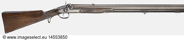 A heavy percussion big game rifle  Birmingham  circa 1830/40. Octagonal barrel of browned Damascus with a three-groove rifled bore in 19.5 mm calibre. Barrel rib on the bottom with two Birmingham proof marks stamped beneath the chamber. Dovetailed express sights. Patent hook breech with a finely engraved tiger head. Finely engraved tang. Platinum bushed snail. The lock plate displays a finely engraved depiction of two tigers. Engraved  blued cock. Double set trigger. Walnut half stock with horn nosepiece. Fine chequering. Blank silver escutcheon. Finely engraved iron furniture with repeated tiger motifs. Wooden ramrod with brass tip. Length 121.5 cm. Unusually heavy rifle  obviously meant for tiger hunting  in nearly new condition. historic  historical  19th century  civil long guns  gun  weapons  arms  weapon  arm  firearm  fire arm  gun  fire arms  firearms  guns  object  objects  stills  clipping  clippings  cut out  cut-out  cut-outs