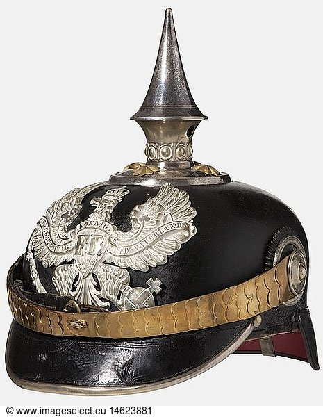 A helmet for officers  of the Prussian Line Pioneer Battalions Black-lacquered fiber body  silver-plated mountings. Line unit eagle. Gilded star screws and flat metal chinscales. Officer's cockades. Beige-coloured ribbed silk lining  torn. Good overall condition  signs of age and wear. historic  historical  19th century  Prussian  Prussia  German  Germany  militaria  military  object  objects  stills  clipping  clippings  cut out  cut-out  cut-outs  helmet  helmets  headpiece  headpieces  utensil  piece of equipment  utensils  protection  headgear  headgears  uniform  uniforms