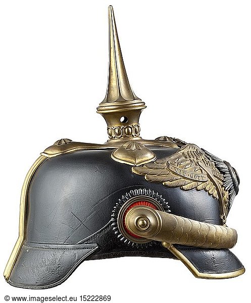 A helmet M 1871/97 for generals  Leather body (crazed  slightly sunken) with guard eagle and enamelled guard star which bears the motto 'Suum Cuique' and the black Hohenzollern eagle on a gold background. All brass fittings with darkened gilding  the cruciform base with beaded band mount  unscrewable spike with sixfold fluting  22 mm star screws. Angular front visor  convex chain-linked chin scales  leather strap with eyelet  officer's cockades  smooth back spline without ventilation  the green and red underlay on front and rear visor with heavy warpage. Rep silk liner missing  light tan leather sweatband. Without size designation  interior screws and nuts lacquered over  leather interior warped  the lacquering with obvious outlines of the eagle and spike base. Helmet in visibly used condition  the old lustre easy to renew. Prussian  Prussia  German  Germany  militaria  military  object  objects  stills  clipping  clippings  cut out  cut-out  cut-outs  historic  historical 19th century