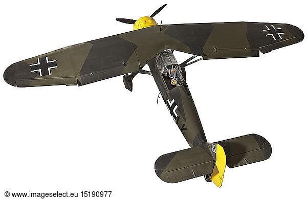 A Henschel Hs 126-A1 An exceptional flying scale model of reconnaissance troup's aircraft 5D + LK of 2 (H) 31 (Pz.) based in Greece during April 1941  finished in the Luftwaffe 'splinter' camouflage  national emblem and markings  cockpit details include pilot's seat with harness  control stick  rudder pedals  instrumentation  rear view mirror  ring and bead gunsight for the forward-firing 7.9 mm MG 17 machine-gun  the observer's/gunner's compartment with model radio  seat with harness  replica maps and charts  spare ammunition belts for the 7.9 mm moveable MG 15 machine-gun arranged to fold for storage when not in use  with sliding canopy  fully working flying control surfaces  other details include a propeller-driven generator and dummy BMW 131 Dc engine with 20 in (51 cm) diam. three-blade propeller  the spatted main undercarriage and tail wheel with rubber-tyred wheels  wingspan 98 in (249 cm). historic  historical  Air Force  branch of service  branches of service  armed service  armed services  military  militaria  air forces  object  objects  stills  clipping  clippings  cut out  cut-out  cut-outs  20th century