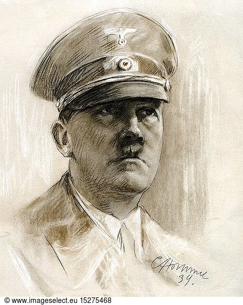 A4  Hitler  Adolf  20.4.1889 - 30.4.1945  deut. Politiker (NSDAP)  Reichskanzler 30.1.1933 - 30.4.1945  Portrait  Pastelzeichnung von Conrad Hommel  1939