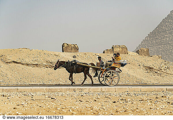 A horse and buggy travels with passengers on the road in Giza