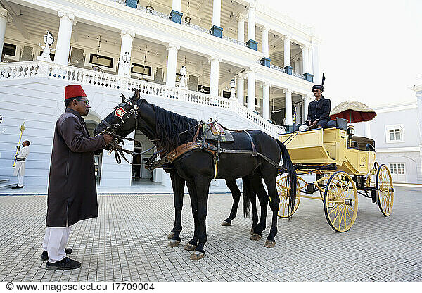 A Horse And Carriage Outside Falaknuma Palace; Hyderabad  Andhra Pradesh  India