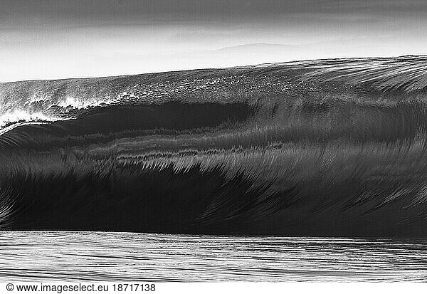 A huge and powerful wave breaking in Tahiti black and white shot