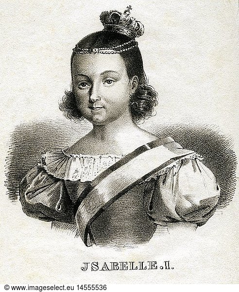 A4  Isabella II.  10.10.1830 - 9.4. 1904  KÃ¶nigin von Spanien 29.9.1833 - 30.9.1868  Portrait  Lithographie  19. Jahrhundert