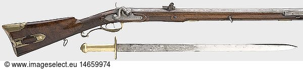 A 'JÃ¤ger' rifle  Joh. Lichtenfels in Karlsruhe  ca. 1790. Octagonal barrel with rifled bore in 18 mm calibre. Silver inlay at the muzzle as well as in the area of the breech. A silver-filled mark on the barrel top. Sparsely engraved percussion lock. Double set trigger. Walnut full stock with brass furniture  patch box  and iron ramrod. Cock cleaned  action defective  stock with signs of use  expertly repaired in places and a crack at the small of the stock. Length 106 cm. Included is a mountable hunting hanger similar to the Prussian M 1810/36 with a finely etched and polished blade and brass hilt. Length 71 cm. Cf. StÃ¶ckel  vol. 1  p. 710. historic  historical  18th century  civil long guns  gun  weapons  arms  weapon  arm  firearm  fire arm  gun  fire arms  firearms  guns  object  objects  stills  clipping  clippings  cut out  cut-out  cut-outs