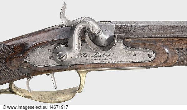 A 'JÃ¤ger' rifle  Joh. Lichtenfels in Karlsruhe  ca. 1790. Octagonal barrel with rifled bore in 18 mm calibre. Silver inlay at the muzzle as well as in the area of the breech. A silver-filled mark on the barrel top. Sparsely engraved percussion lock. Double set trigger. Walnut full stock with brass furniture  patch box  and iron ramrod. Cock cleaned  action defective  stock with signs of use  expertly repaired in places and a crack at the small of the stock. Length 106 cm. Included is a mountable hunting hanger similar to the Prussian M 1810/36 with a finely etched and polished blade and brass hilt. Length 71 cm. Cf. StÃ¶ckel  vol. 1  p. 710. historic  historical  18th century  civil long guns  gun  weapons  arms  weapon  arm  firearm  fire arm  gun  fire arms  firearms  guns  object  objects  stills  clipping  clippings  cut out  cut-out  cut-outs