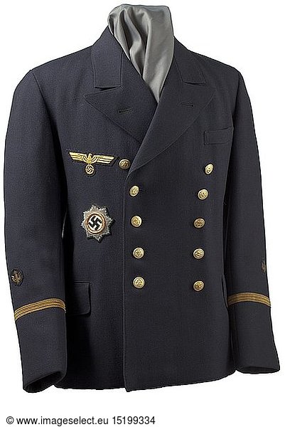 A jacket for a Leutnant of naval artillery depot piece with embroidered German Cross in Gold Navy-blue worsted wool with gold anchor buttons  black silk liner  the striped sleeve lining with size- and maker stamping 'Lysdal'. The hand-embroidered breast eagle  the occupational badges and the piston rings in gold-coloured cellon issue. Embroidered issue German Cross in Gold on a navy-blue base with gold metal wreath. historic  historical  navy  naval forces  military  militaria  branch of service  branches of service  armed forces  armed service  object  objects  stills  clipping  clippings  cut out  cut-out  cut-outs  20th century
