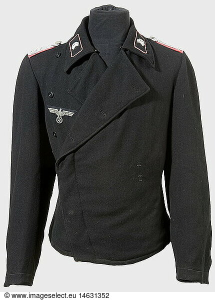 A jacket of the black special uniform  for a major in the panzer units Black gabardine fabric  brown cotton lining with stock and size stamps  black synthetic resin buttons  BeVo eagle  collar patches with pink piping and aluminium death's heads  fixed shoulder straps (replacement field-grey buttons)  order loops for the ribbon bar. Traces where the fabric version of the German Cross in Gold had been sewn on. historic  historical  1930s  1930s  20th century  armoured corps  armored corps  tank force  tank forces  branch of service  branches of service  armed service  armed services  military  militaria  utensil  piece of equipment  utensils  object  objects  stills  army  Wehrmacht  NS  National Socialism  Nazism  Third Reich  German Reich  Germany  clipping  clippings  cut out  cut-out  cut-outs  uniform  uniforms  outfit  outfits  textile  clothes