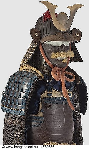 A Japanese suit of armour  assembled from old pieces  middle to end of the Edo period A 30 plate suji kabuto with an articulated five-lame hineno-shikoro with light sugake binding. A later inset kuwagata (helmet decoration). Iron Nara-type mempo with nasurime  firmly attached nose  and yak hair beard. A five-lame yodarekake with defective dark blue binding. Defects in the lacquer. Ni mai hatomune do lacquered in do sabinuri. Rejaku bands and lower sashimono fastening are missing. Seven articulated five-lame kusazur  blue binding defective in places. Iyo haidate of black lacquered leather plates on blue linen backing. Kusari-kote with iron kikku and tekko. Shino-suneate without the cloth backing. Bearskin shoes. Height ca. 175 cm. It comes with a brown wooden armour case with iron handles on the sides  historic  historical  19th century  18th century  Japanese  Asian  Asia  Far East  object  objects  stills  clipping  clippings  cut out  cut-out  cut-outs