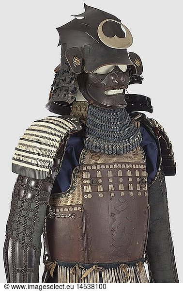 A Japanese suit of armour  middle to the end of the Edo period Assembled from old pieces. A hineno-kabuto with a five-lame hineno-shikoro and three leaf-shaped iron forehead reinforcements. Lacquer and binding badly damaged. Later iron Nara type mempo with remnants of glue. Lacquered saburini with a four-lame yodarekake in kebiki binding. Light iron plate go mai tatehagi do  lacquered saburini with a shairo coloured binding. There is a hachiman bonji on the breast plate. Seven five-lame  black lacquered kusazuri. Seven-lame black lacquered chu-sode  in kizuki-kozane with shairo coloured kebiki binding. Black lacquered mate gara haidate on dark blue linen. Black lacquered shino kote on dark green fabric. Shino-suneate of three broad  black lacquered shinos bound with kusari. A pair of later bearskin shoes. Height ca. 175 cm. It comes with a black-lacquered  recent armor case  historic  historical  19th century  18th century  Japanese  Asian  Asia  Far East  object  objects  stills  clipping  clippings  cut out  cut-out  cut-outs