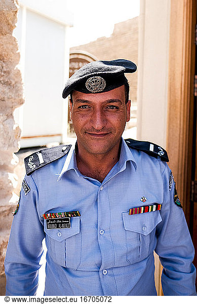 A Jordanian security guard at the entrance to Kerak Castle  Jordan