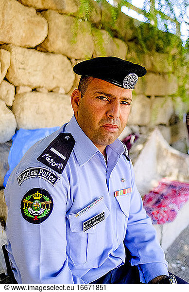 A Jordanian security guard in the ruined Roman city of Jerash  Jordan