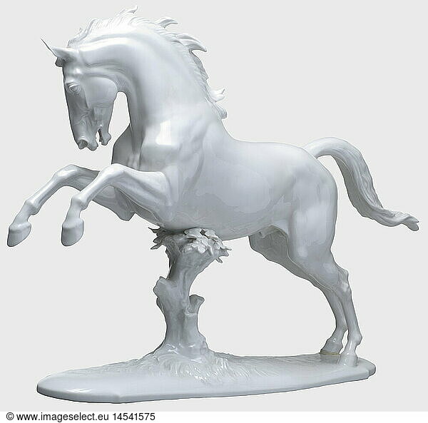 A jumping horse  design by Prof. Theodor Kärner  model number '74'. White  glazed porcelain  pressmark 'SS'  model number '74' and signature on the bottom. One hoof restored(?)  one ear minimally chipped. Height 36 cm. Length ca. 55 cm. historic  historical  1930s  1930s  20th century  object  objects  stills  clipping  clippings  cut out  cut-out  cut-outs