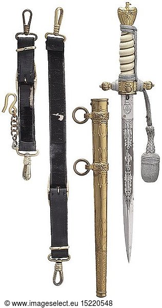 A Kriegsmarine officer's dagger M 38 Complete with hanger and swordknot. The blade etched on both sides with maritime and floral designs  the reverse side struck with Clemen & Jung logo  gilt eagle pommel and cross guard  the latter with scabbard release catch  white plastic grip bound with wire  silver sword knot and gilt scabbard decorated with 'thunder-bolt' pattern. Traces of age and use. Length ca. 42 cm. The obviously worn hanger constructed of black rep band with black velvet backing and gilt metal mounts. historic  historical  navy  naval forces  military  militaria  branch of service  branches of service  armed forces  armed service  object  objects  stills  clipping  clippings  cut out  cut-out  cut-outs  20th century