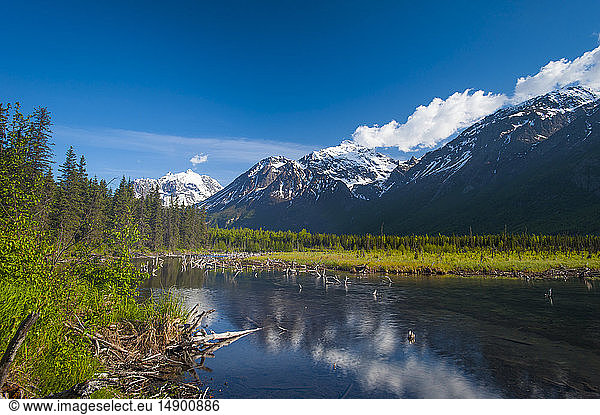 A landscape of a mountain valley in Eagle River on a warm summer afternoon in South-central Alaska; Alaska  United States of America
