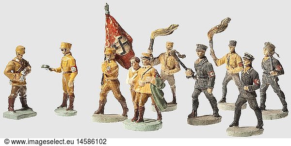 A large collection of toy soldiers  Primarily original figures from the firms Elastolin and Lineol predominate  some have been used in play  some with age cracks or heavy damage. Hitler  GÃ¶ring  Mussolini  Hindenburg  Mackensen  numerous political party figures such as SA and SS torch bearers and flag bearers  medical groups with figures such as nurses and medics with stretchers or hounds  Wehrmacht figures with dispatch riders  jingling johnny carriers  resting soldiers  soldiers with e-meters  gas alarms  radio and communications gear (missing antenna)  indicators  stacked rifles  electric campfires  flak searchlights  horse teams  wooden houses and many more. Altogether more than 130 figures  historic  historical  people  1930s  1930s  20th century  toy  toys  object  objects  stills  clipping  clippings  cut out  cut-out  cut-outs  tin toy  tin toys  little man  manikin  figure  figures  miniatures  miniature  mini  model-making  modelmaking  toy  toys