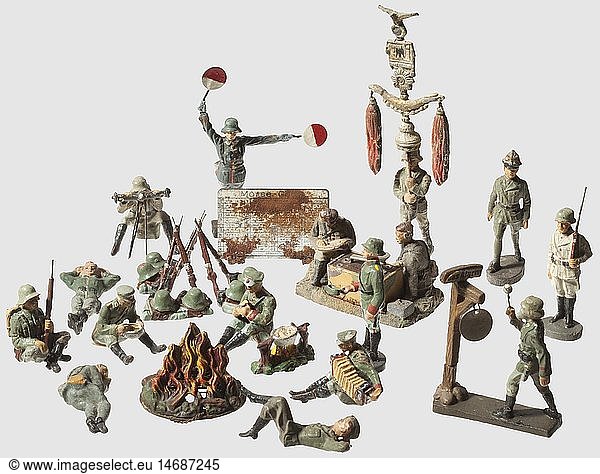 A large collection of toy soldiers  Primarily original figures from the firms Elastolin and Lineol predominate  some have been used in play  some with age cracks or heavy damage. Hitler  GÃ¶ring  Mussolini  Hindenburg  Mackensen  numerous political party figures such as SA and SS torch bearers and flag bearers  medical groups with figures such as nurses and medics with stretchers or hounds  Wehrmacht figures with dispatch riders  jingling johnny carriers  resting soldiers  soldiers with e-meters  gas alarms  radio and communications gear (missing antenna)  indicators  stacked rifles  electric campfires  flak searchlights  horse teams  wooden houses and many more. Altogether more than 130 figures  historic  historical  people  1930s  1930s  20th century  toy  toys  object  objects  stills  clipping  clippings  cut out  cut-out  cut-outs  tin toy  tin toys  little man  manikin  figure  figures  miniatures  miniature  mini  model-making  modelmaking  toy  toys