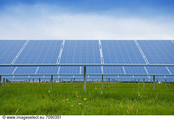 A large group of solar panels  tilted at an angle.