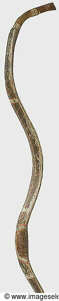 A large Ottoman reflex bow  circa 1700. A strong bow of horn and sinew  with hardwood nocks. The entire surface has a fine covering of birch bark and is lavishly painted with geometric decoration and fine floral ornamentation in several colours. Colour finish worn  defects. Length 115 cm. historic  historical  18th century  Ottoman Empire  object  objects  stills  clipping  clippings  cut out  cut-out  cut-outs  weapon  arms  weapons  arms