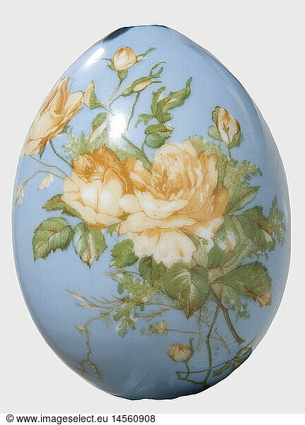 A large porcelain easter egg  Imperial Russian Porcelain Manufactory St. Petersburg  after 1900 White  glazed porcelain with coloured floral designs against a light blue background  and the hand-painted Cyrillic inscription 'Christos Voskrese'. Height ca. 10.5 cm. Light blue velvet suspension. historic  historical  1900s  20th century  object  objects  stills  clipping  clippings  cut out  cut-out  cut-outs