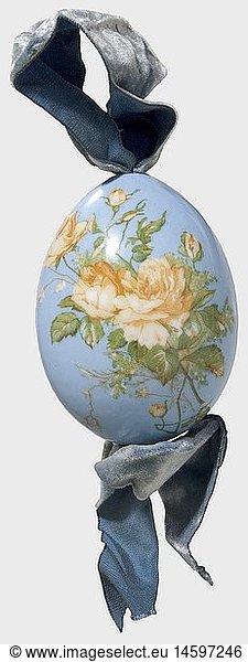 A large porcelain easter egg  Imperial Russian Porcelain Manufactory St. Petersburg  after 1900 White  glazed porcelain with coloured floral designs against a light blue background  and the hand-painted Cyrillic inscription 'Christos Voskrese'. Height ca. 10.5 cm. Light blue velvet suspension. historic  historical  1900s  20th century  object  objects  stills  clipping  clippings  cut out  cut-out  cut-outs