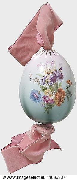 A large porcelain easter egg  Imperial Russian Porcelain Manufactory St. Petersburg  after 1900. White  glazed porcelain with floral designs  retouched by hand  and the golden Cyrillic inscription 'HV' for Christos Voskrese. Height ca. 10 cm. Rose-coloured velvet suspension. historic  historical  1900s  20th century  object  objects  stills  clipping  clippings  cut out  cut-out  cut-outs