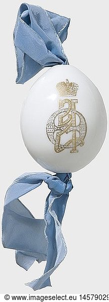 A large porcelain easter egg  Imperial Russian Porcelain Manufactory St. Petersburg  after 1900. White  glazed porcelain with the Cyrillic cipher 'AF' under the Russian crown hand-painted in gold. Height ca. 6.5 cm. Light blue silk suspension. historic  historical  1900s  20th century  object  objects  stills  clipping  clippings  cut out  cut-out  cut-outs