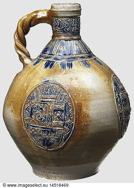 A large stoneware bottle  Raeren  circa 1600 Grey-brown  salt-glazed stoneware  painted blue in some places. Globular bellied body  attached coats of arms on three sides. The neck adorned with geometrical decoration and band ornaments  braided strap handle. Small chip at the lip. Height 28 cm  historic  historical  17th century  handicrafts  handcraft  craft  object  objects  stills  clipping  clippings  cut out  cut-out  cut-outs  vessel  vessels