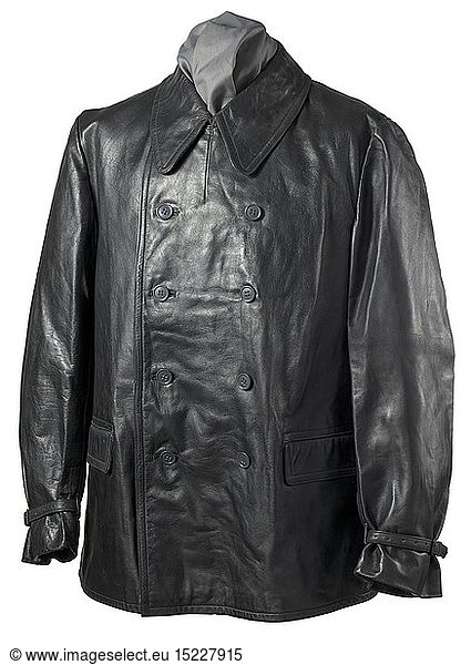 A leather jacket for machinery personnel of the Kriegsmarine Short  double-breasted issue in smooth black leather with black synthetic buttons  the blue cotton liner with a large Reich factory number. In unused  mint condition. historic  historical  navy  naval forces  military  militaria  branch of service  branches of service  armed forces  armed service  object  objects  stills  clipping  clippings  cut out  cut-out  cut-outs  20th century